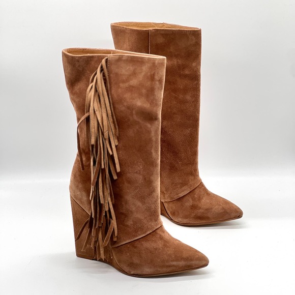 Marabelle Shoes - MARABELLE Suede Fringe Wedge Boot Womens 38 Brown Knee High Pointy Toe Pull On